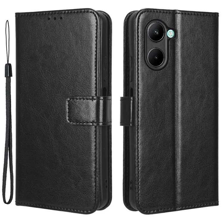 Pour le Royaume C33 4G Crazy Horse Texture PU Cuir Étui en Cuir Support Magnétique Flip Design Téléphone Portefeuille de Protection Portefeuille Avec Sangle - le Noir