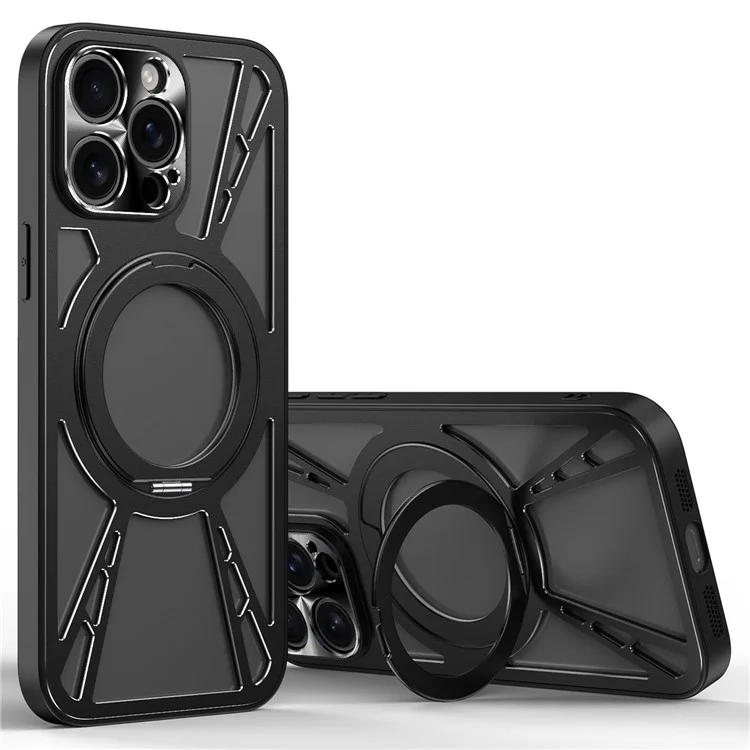 For iPhone 13 Pro Case Magnetic Kickstand Hollow Heat Dissipation Silicone + PC + Metal Bumper Phone Cover - Black