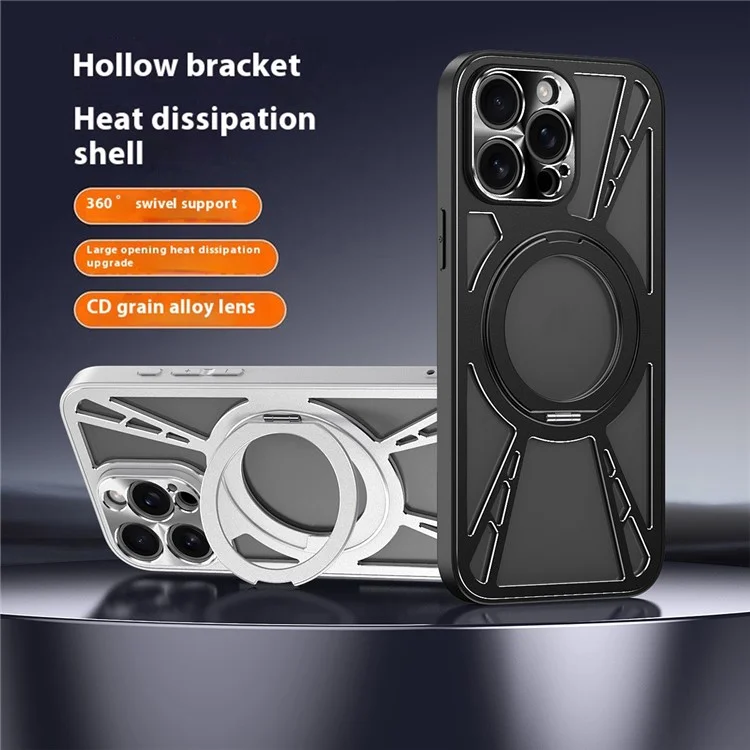 For iPhone 13 Pro Case Magnetic Kickstand Hollow Heat Dissipation Silicone + PC + Metal Bumper Phone Cover - Black