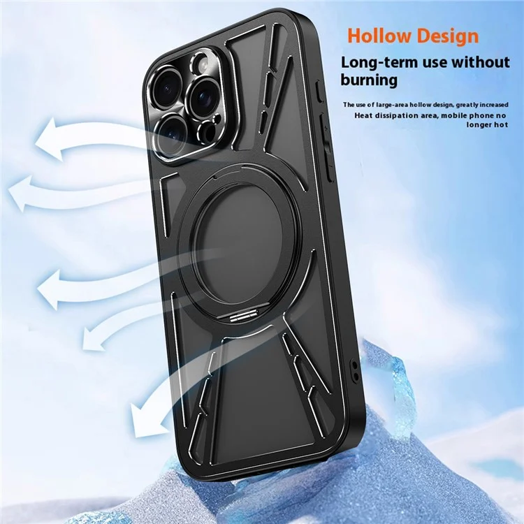 For iPhone 13 Pro Case Magnetic Kickstand Hollow Heat Dissipation Silicone + PC + Metal Bumper Phone Cover - Black