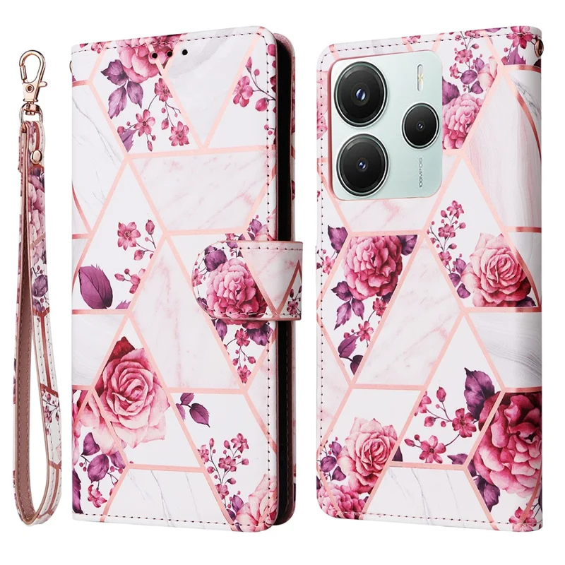 For Xiaomi Poco M7 Pro 5G  /  Redmi Note 14 5G Case Lacquered Marble Pattern Leather Phone Cover - Rose Gold