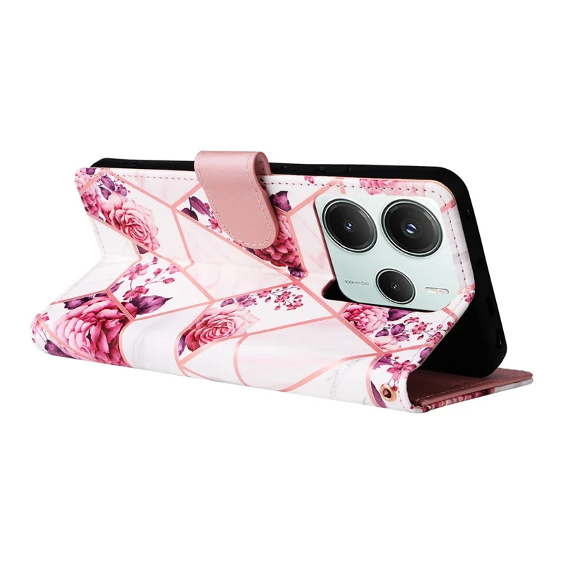 For Xiaomi Poco M7 Pro 5G  /  Redmi Note 14 5G Case Lacquered Marble Pattern Leather Phone Cover - Rose Gold