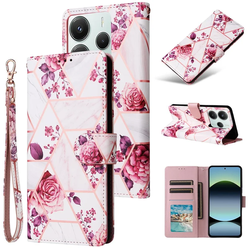 For Xiaomi Poco M7 Pro 5G  /  Redmi Note 14 5G Case Lacquered Marble Pattern Leather Phone Cover - Rose Gold