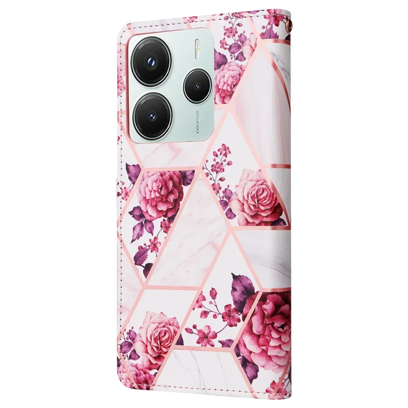 For Xiaomi Poco M7 Pro 5G  /  Redmi Note 14 5G Case Lacquered Marble Pattern Leather Phone Cover - Rose Gold