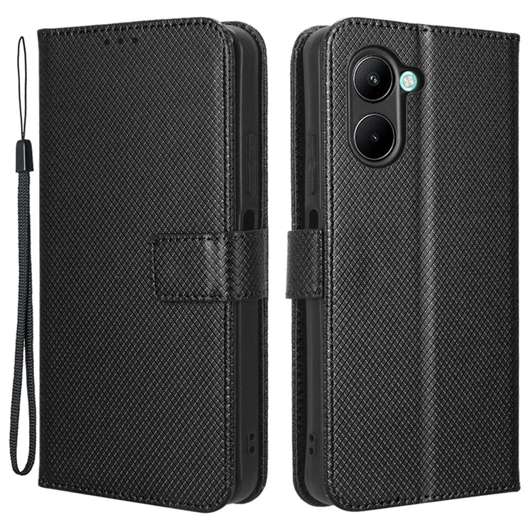 Per Realme C33 4G Diamond Texture PU Leather Flip Telef Wortet Stand Design Cover Con Cinturino - Nero