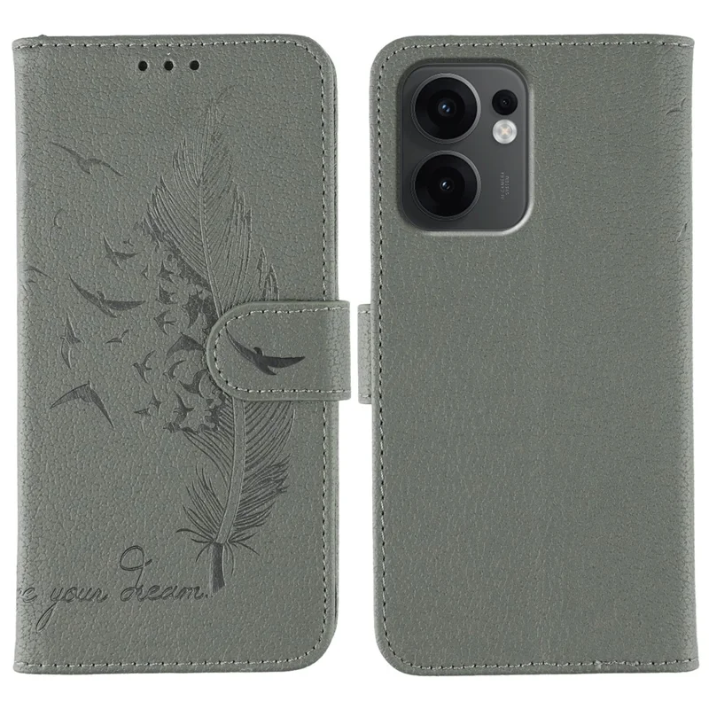 For Oppo Reno13 F 5G (Reno 13 FS 5G) / 4G Case Feather Imprint PU Leather Wallet Phone Cover - Grey