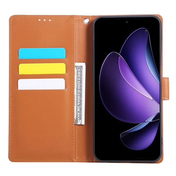 Capa para Oppo Reno13 F 5G / 4G Flor Rosa em Couro PU com Carteira e 3 Compartimentos para Cartão - Marrom