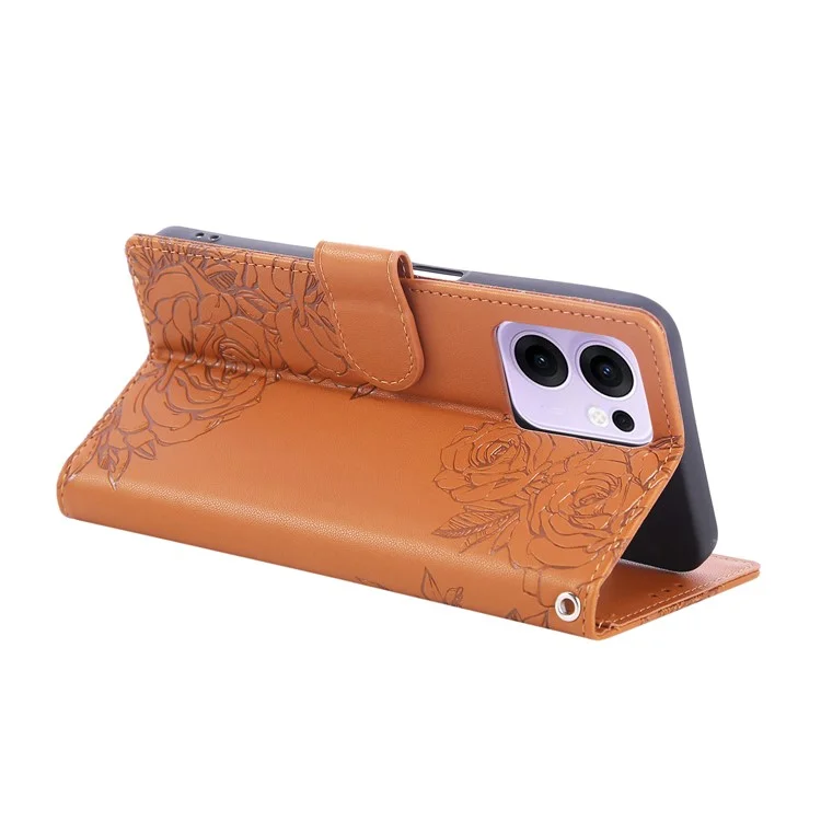 Capa para Oppo Reno13 F 5G / 4G Flor Rosa em Couro PU com Carteira e 3 Compartimentos para Cartão - Marrom