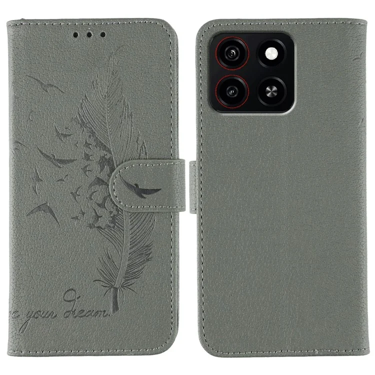 For ZTE Blade A35 Case Feather Imprint PU Leather Wallet Phone Cover - Grey