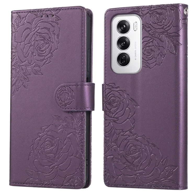 Чехол для Oppo Reno12 5G (Global) с розовым цветком из искусственной кожи, кошелек с 3 отделениями для карт - темно-фиолетовый