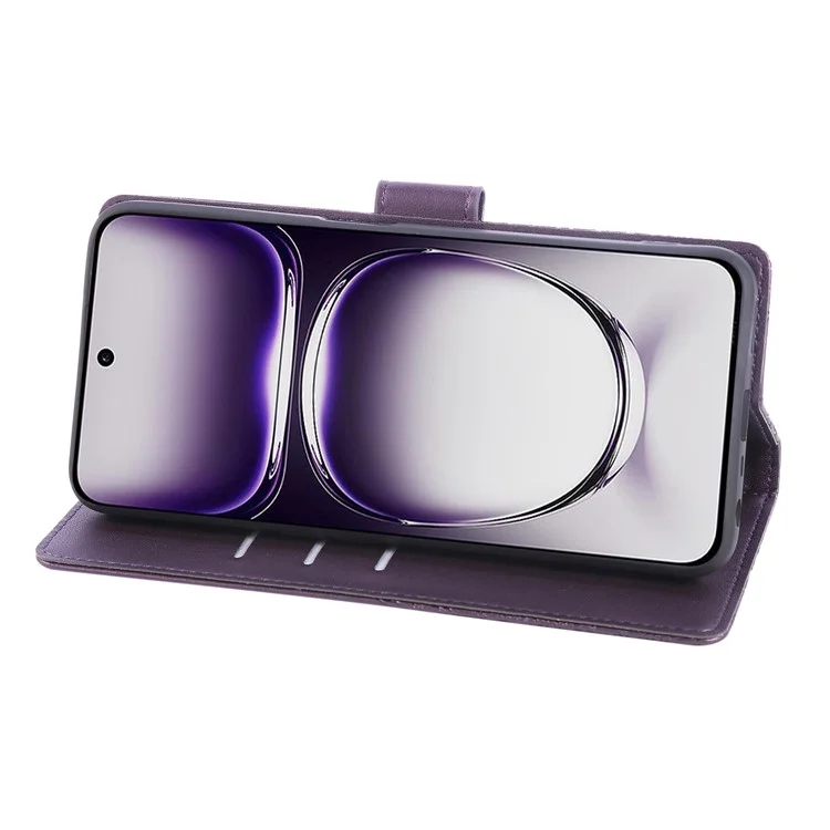 Чехол для Oppo Reno12 5G (Global) с розовым цветком из искусственной кожи, кошелек с 3 отделениями для карт - темно-фиолетовый