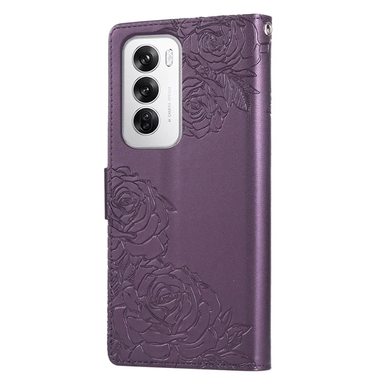 Чехол для Oppo Reno12 5G (Global) с розовым цветком из искусственной кожи, кошелек с 3 отделениями для карт - темно-фиолетовый