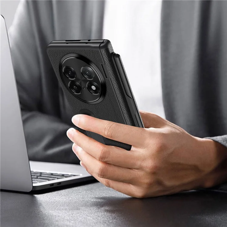 Чехол для Oppo Find N5 5G с подставкой из поликарбоната + кожаный чехол-книжка с защитой экрана и стилусом - Черный