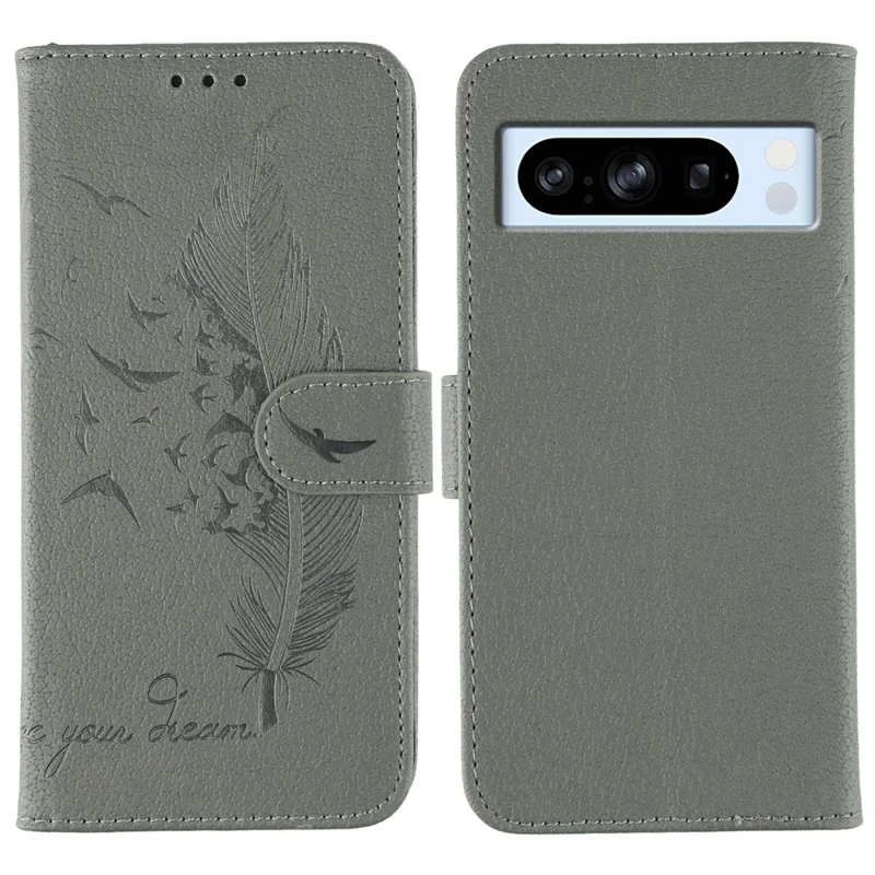 For Google Pixel 8 Pro Case Feather Imprint PU Leather Wallet Phone Cover - Grey