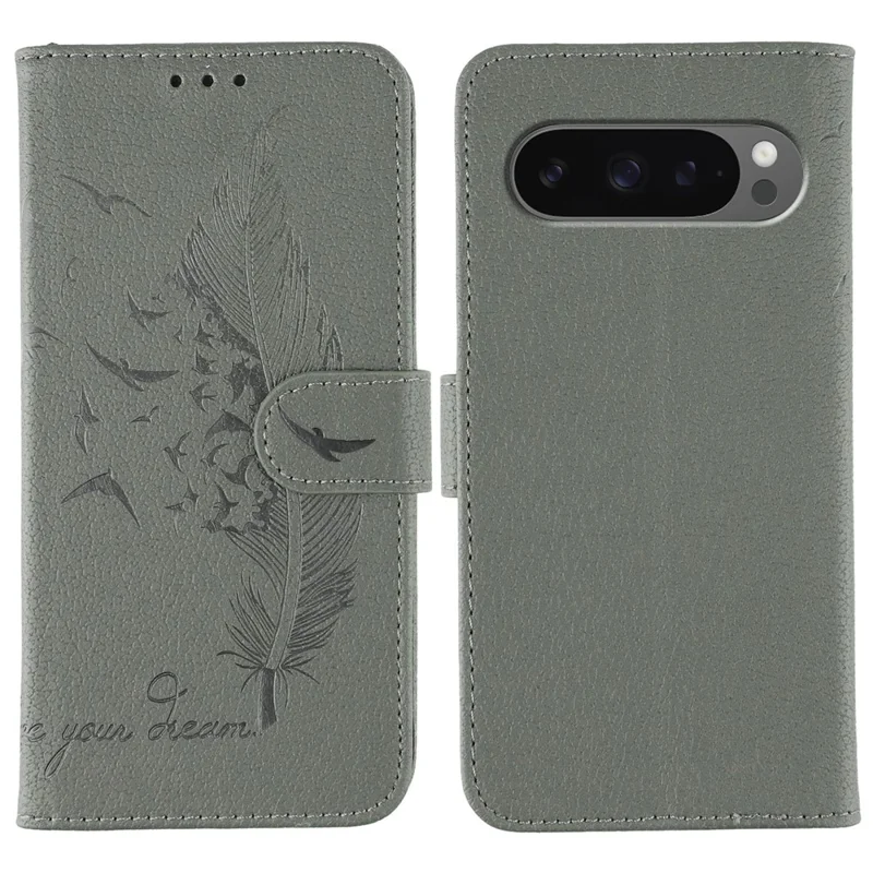 Phone Case For Google Pixel 10 / 10 Pro / 9 / 9 Pro Feather Imprint PU Leather Wallet Cover - Grey