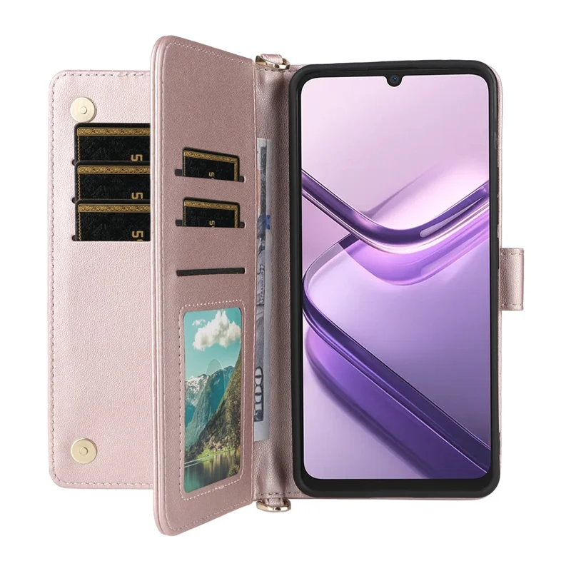 For Doogee Note 58 Pro  /  Note 58 Wallet Case with Shoulder  /  Wrist Strap Leather Phone Cover Stand - Pink