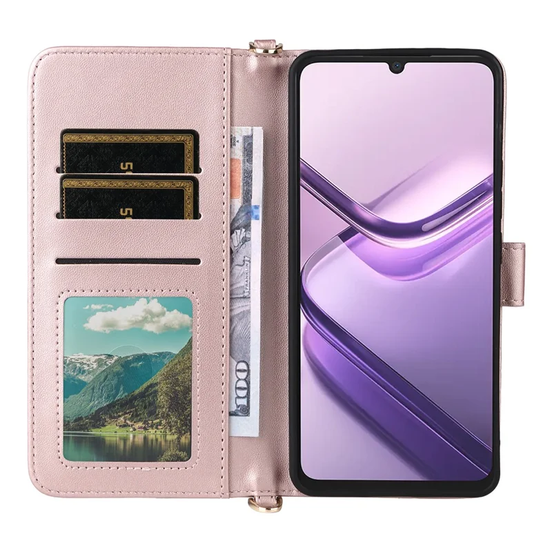 For Doogee Note 58 Pro  /  Note 58 Wallet Case with Shoulder  /  Wrist Strap Leather Phone Cover Stand - Pink