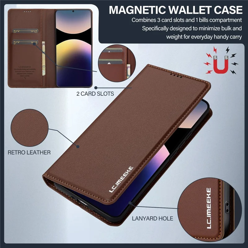 LC.IMEEKE L1 Serie für Xiaomi Redmi Note 14 Pro 4G Hülle PU-Leder Brieftasche Ständer Schutzhülle - Braun