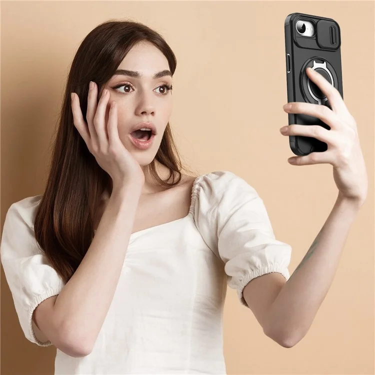 For iPhone 16e Case Metal Ring Kickstand PC + TPU Phone Back Cover with Slide Camera Cover - Black
