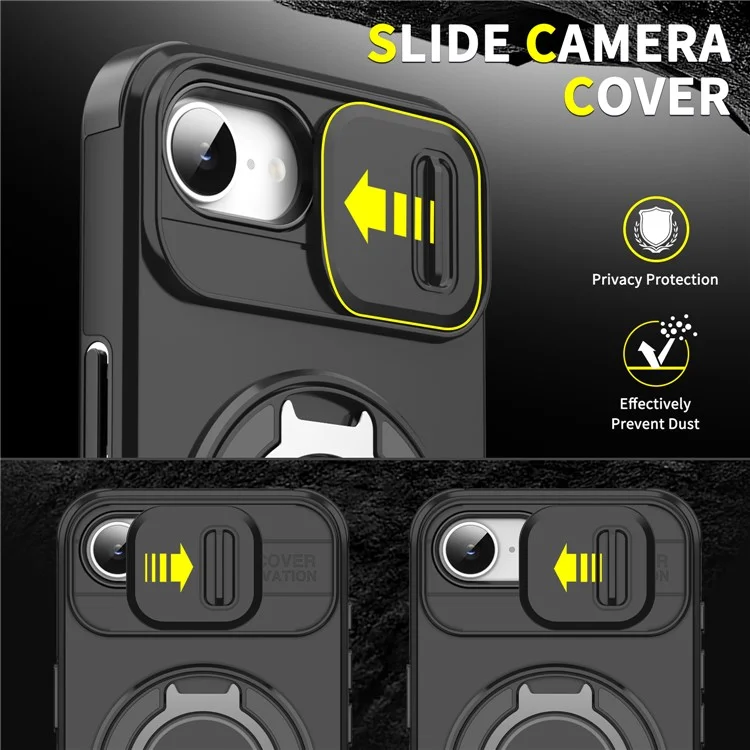 For iPhone 16e Case Metal Ring Kickstand PC + TPU Phone Back Cover with Slide Camera Cover - Black