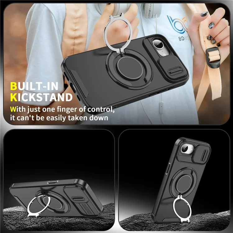 For iPhone 16e Case Metal Ring Kickstand PC + TPU Phone Back Cover with Slide Camera Cover - Black