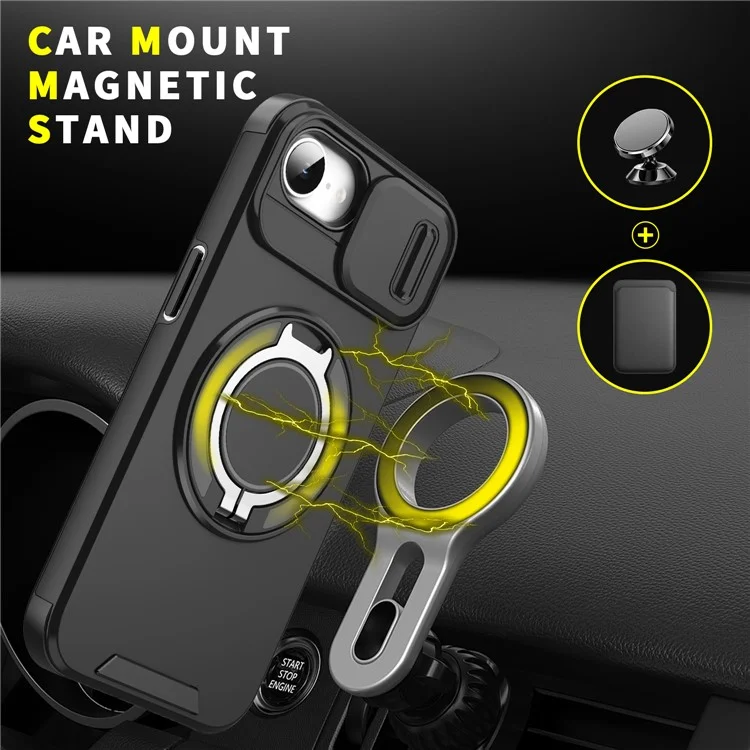 For iPhone 16e Case Metal Ring Kickstand PC + TPU Phone Back Cover with Slide Camera Cover - Black