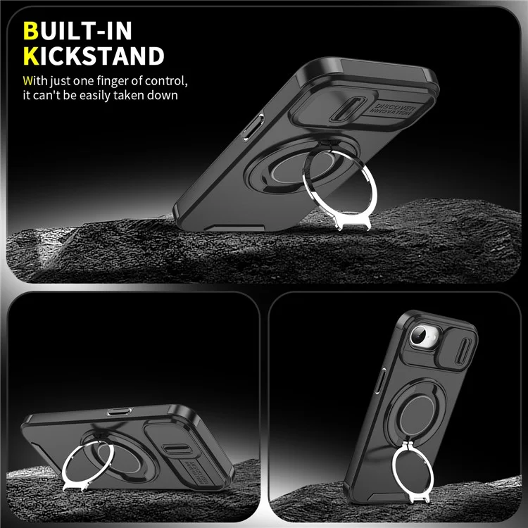 For iPhone 16e Case Metal Ring Kickstand PC + TPU Phone Back Cover with Slide Camera Cover - Black
