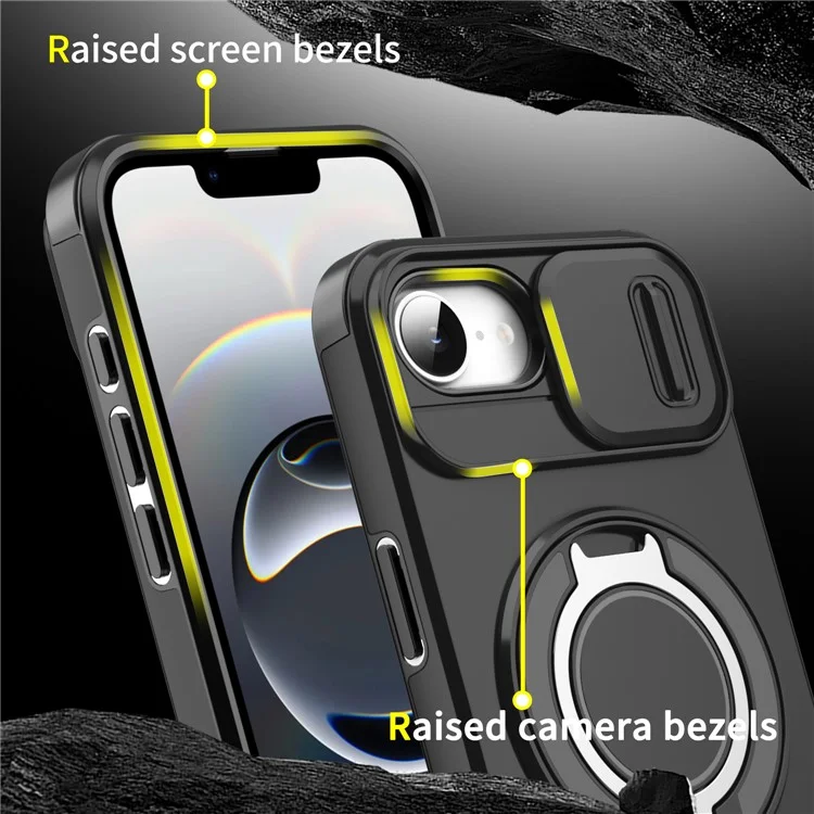 For iPhone 16e Case Metal Ring Kickstand PC + TPU Phone Back Cover with Slide Camera Cover - Black