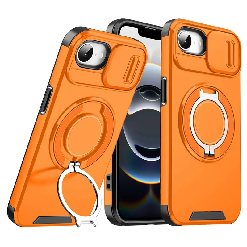 For iPhone 17e / 16e Case Metal Ring Kickstand PC + TPU Phone Back Cover with Slide Camera Cover - Yellow