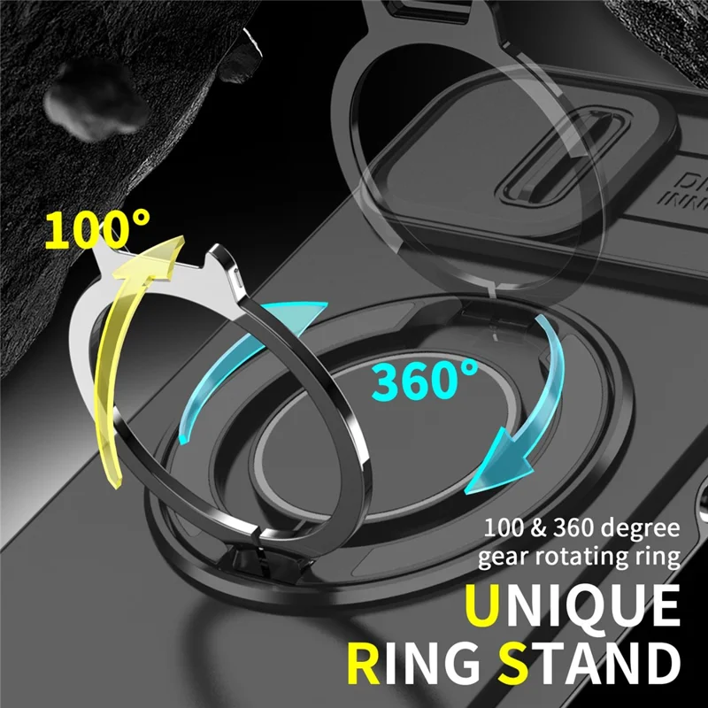 For iPhone 17e / 16e Case Metal Ring Kickstand PC + TPU Phone Back Cover with Slide Camera Cover - Yellow