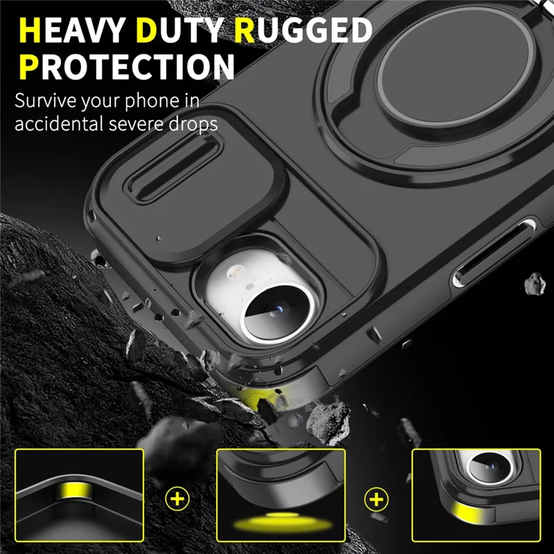 For iPhone 17e / 16e Case Metal Ring Kickstand PC + TPU Phone Back Cover with Slide Camera Cover - Yellow
