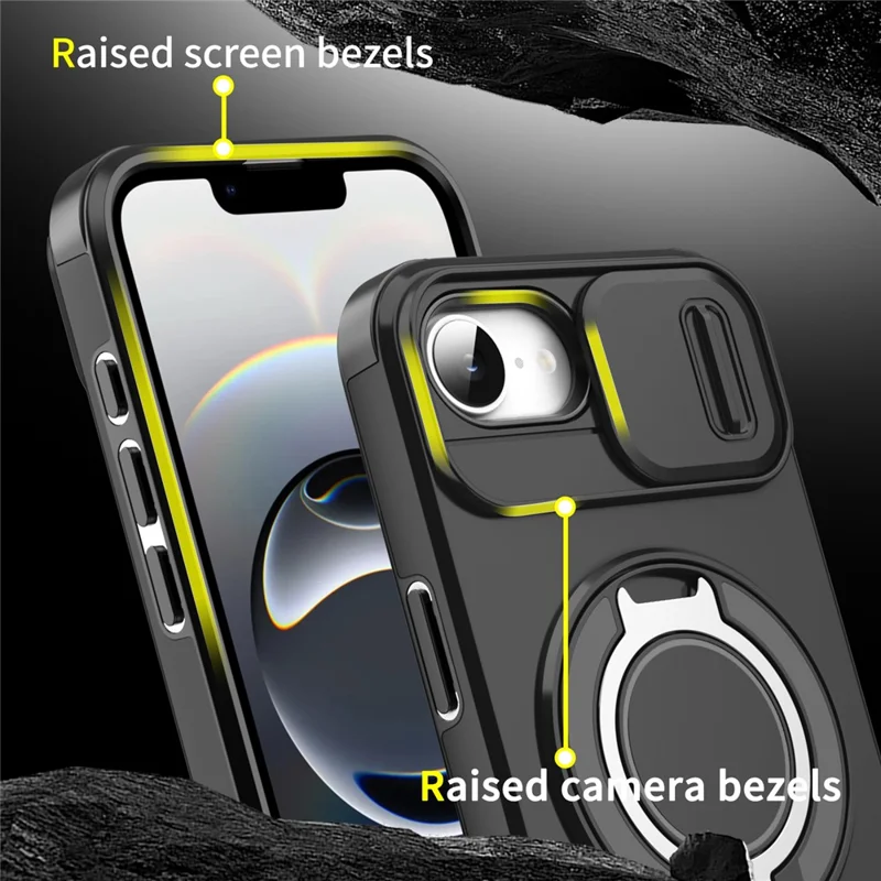 For iPhone 17e / 16e Case Metal Ring Kickstand PC + TPU Phone Back Cover with Slide Camera Cover - Yellow