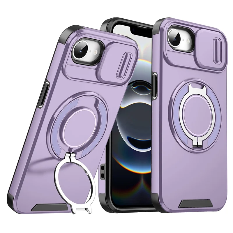 For iPhone 17e / 16e Case Metal Ring Kickstand PC + TPU Phone Back Cover with Slide Camera Cover - Purple