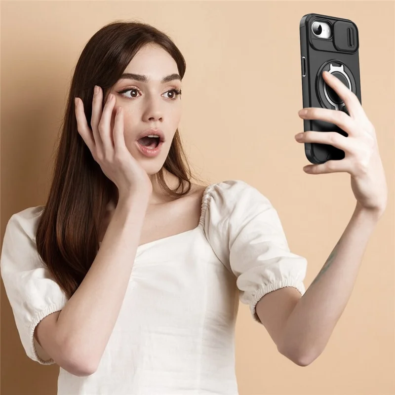 For iPhone 17e / 16e Case Metal Ring Kickstand PC + TPU Phone Back Cover with Slide Camera Cover - Purple