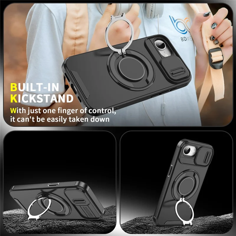For iPhone 17e / 16e Case Metal Ring Kickstand PC + TPU Phone Back Cover with Slide Camera Cover - Purple