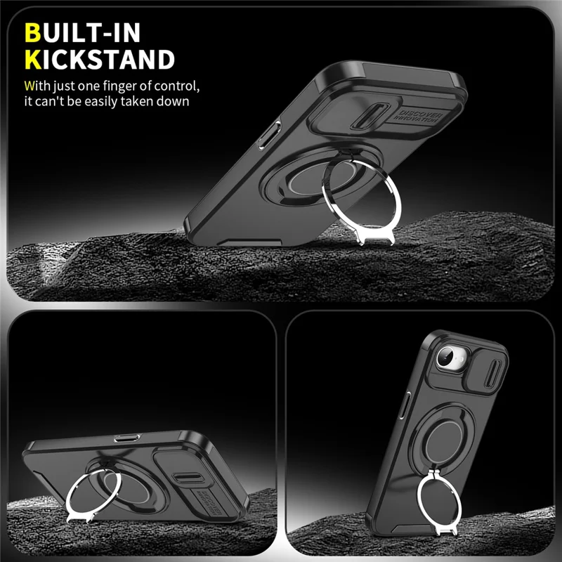For iPhone 17e / 16e Case Metal Ring Kickstand PC + TPU Phone Back Cover with Slide Camera Cover - Purple