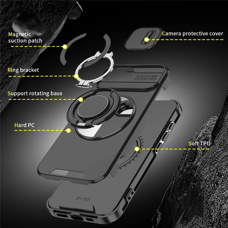 For iPhone 17e / 16e Case Metal Ring Kickstand PC + TPU Phone Back Cover with Slide Camera Cover - Purple