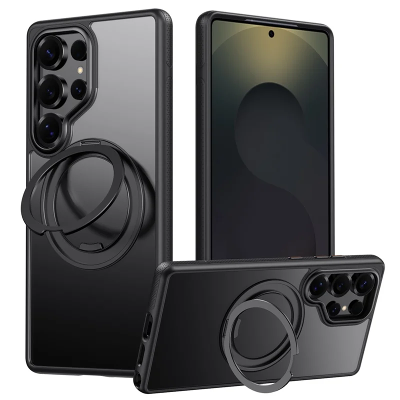 For Samsung Galaxy S25 Ultra Magnetic Case Rotating Gear Pivot Kickstand PC + TPU Phone Back Cover - Matte Black