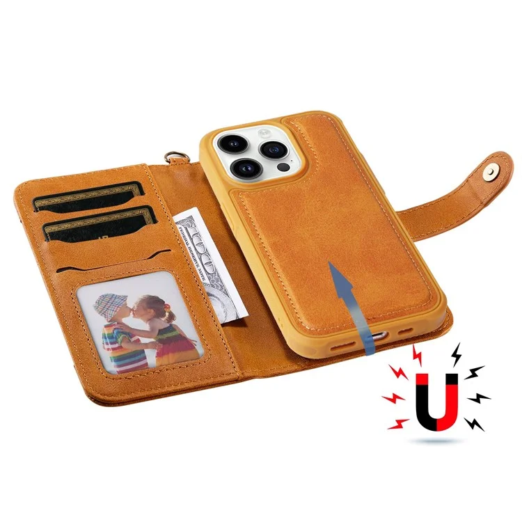 KT Leather Series-4 per iPhone 14 Pro 2-in-1 Custodia Staccabile TPU Retro in Pelle PU Custodia Telefonica Pieghevole con Supporto per il Portafoglio con Cinturino - Arancione