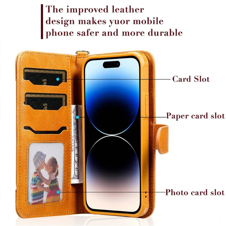 KT Leather Series-4 per iPhone 14 Pro 2-in-1 Custodia Staccabile TPU Retro in Pelle PU Custodia Telefonica Pieghevole con Supporto per il Portafoglio con Cinturino - Arancione
