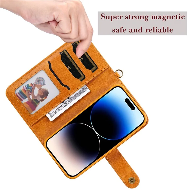 KT Leather Series-4 per iPhone 14 Pro 2-in-1 Custodia Staccabile TPU Retro in Pelle PU Custodia Telefonica Pieghevole con Supporto per il Portafoglio con Cinturino - Arancione