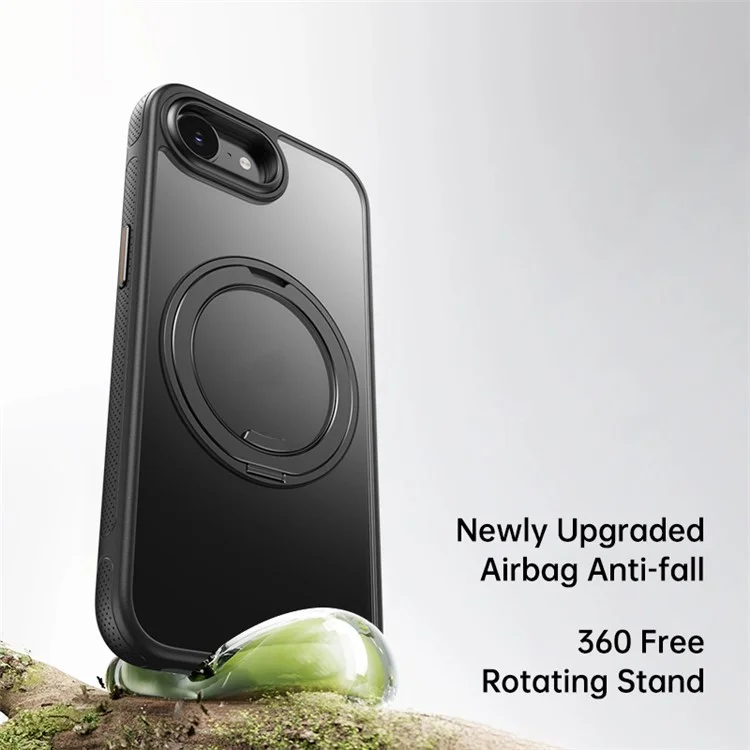 Coque Magnétique à Rotation et Béquille pour iPhone 16e - Boîtier Arrière en PC + TPU - Noir Mat