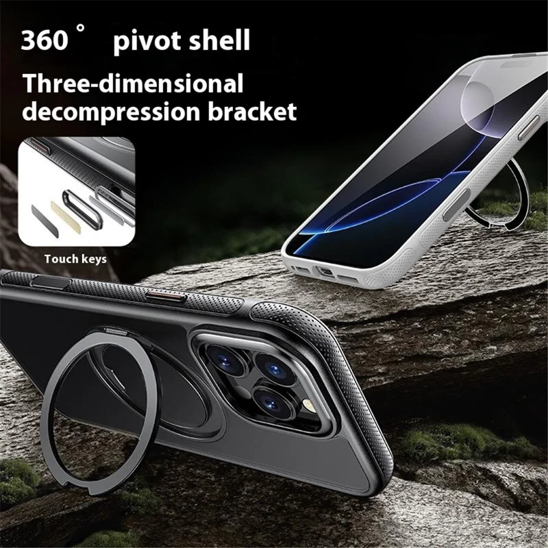 For iPhone 16 Pro Max Magnetic Case Rotating Gear Pivot Kickstand PC + TPU Phone Back Cover - Matte White