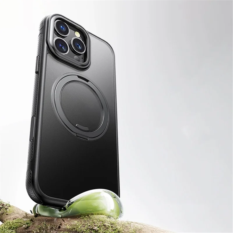 For iPhone 16 Pro Magnetic Case Rotating Gear Pivot Kickstand PC + TPU Phone Back Cover - Matte Black