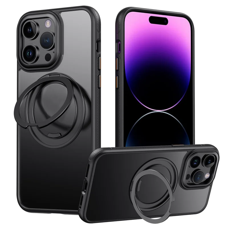 For iPhone 14 Pro Magnetic Case Rotating Gear Pivot Kickstand PC + TPU Phone Back Cover - Matte Black