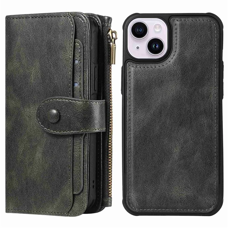 For iPhone 14 Plus Magnetic Case Detachable PU Leather Zipper Wallet Cover - Blackish Green