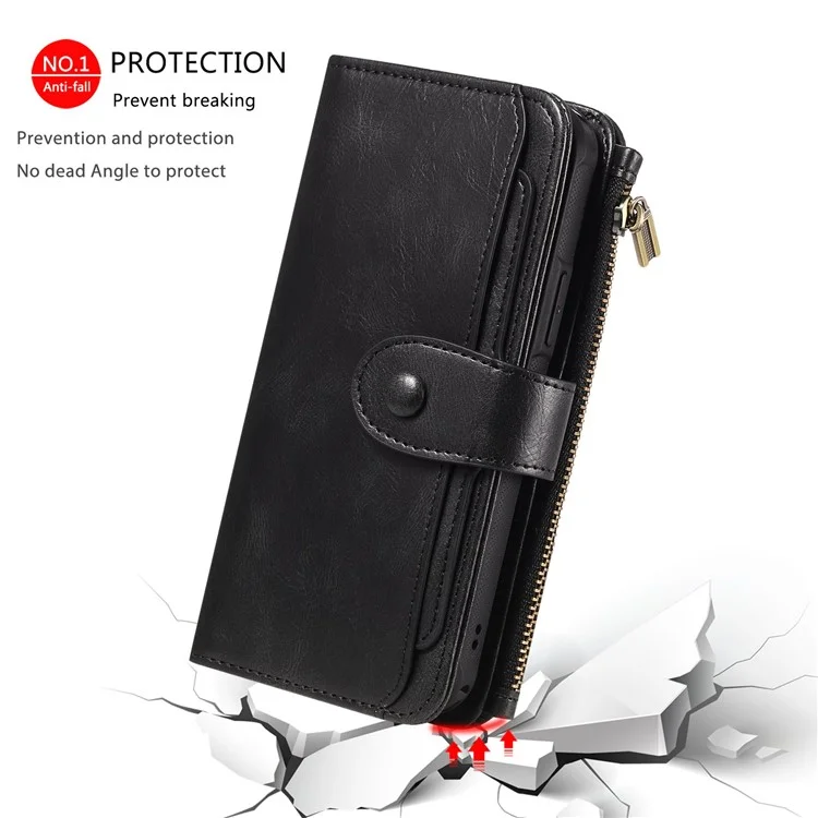 For iPhone 14 Plus Magnetic Case Detachable PU Leather Zipper Wallet Cover - Blackish Green
