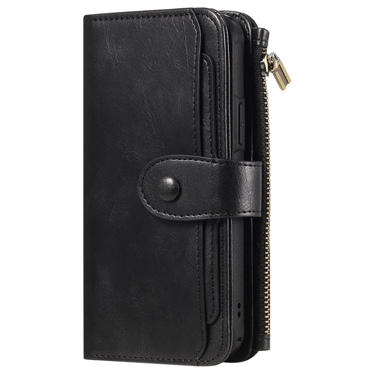 For iPhone 14 Plus Magnetic Case Detachable PU Leather Zipper Wallet Cover - Blackish Green
