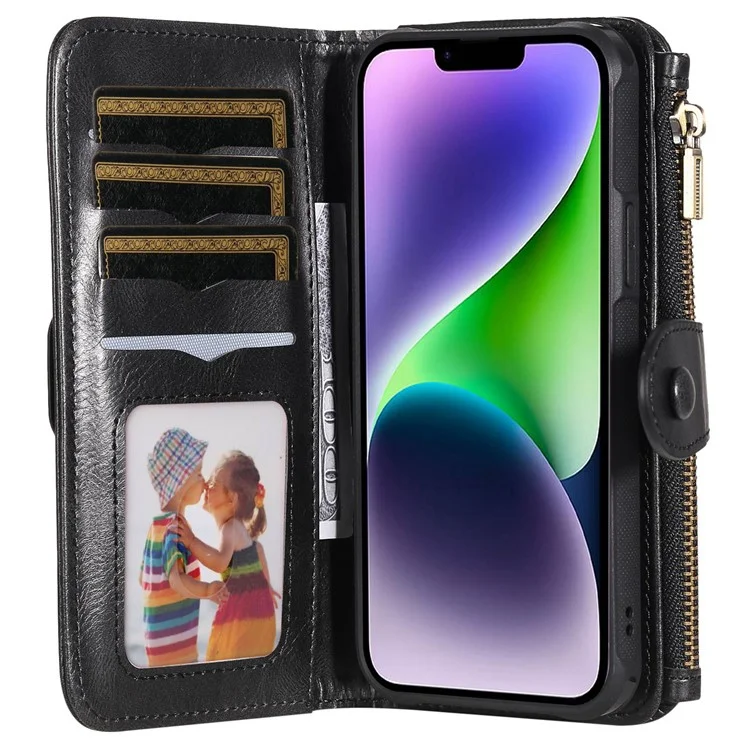 For iPhone 14 Plus Magnetic Case Detachable PU Leather Zipper Wallet Cover - Blackish Green
