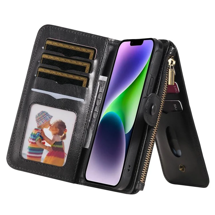 For iPhone 14 Plus Magnetic Case Detachable PU Leather Zipper Wallet Cover - Blackish Green